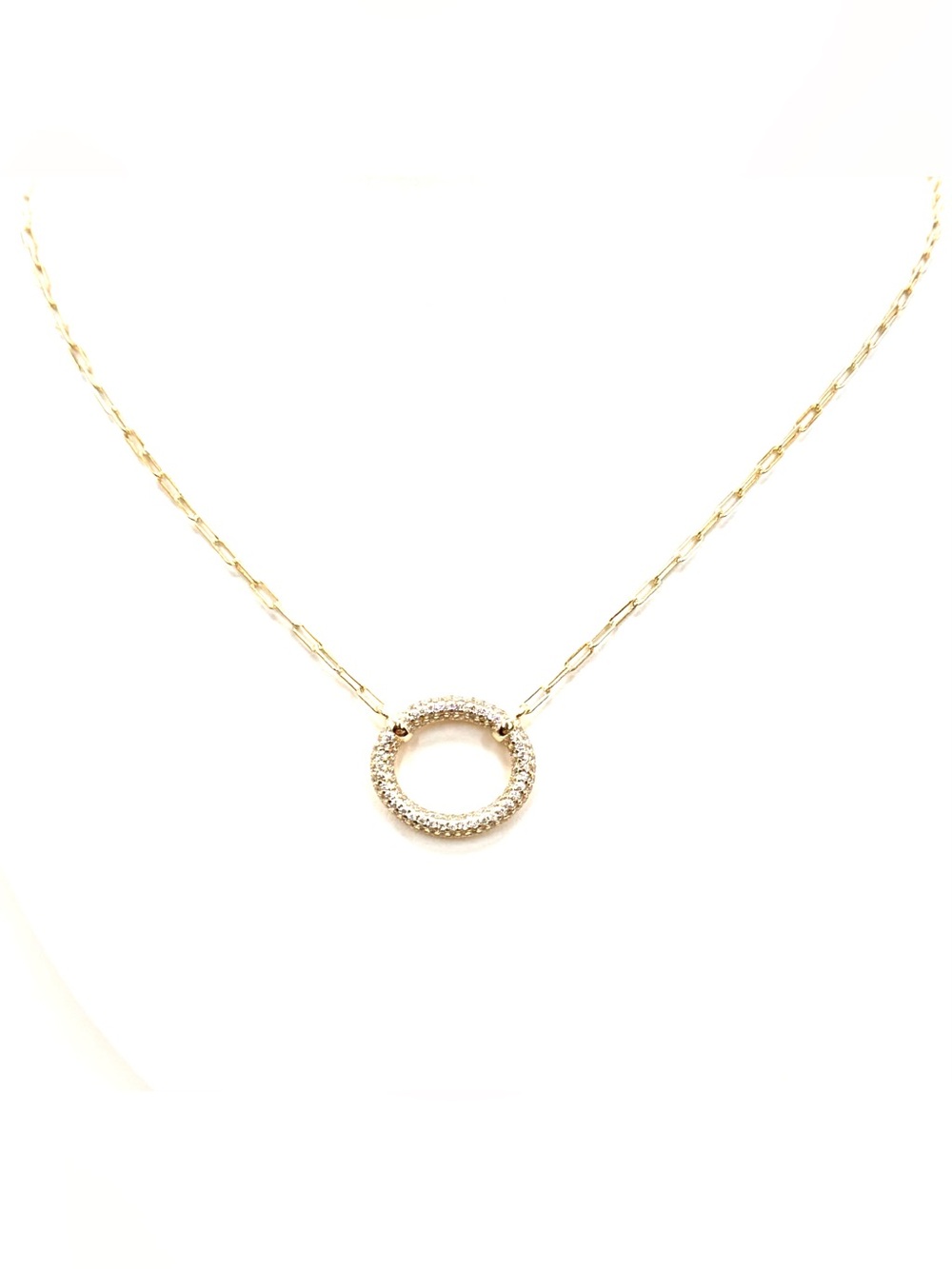18K Gold Pave Circle Pendant on Paperclip Chain Necklace see (Video)